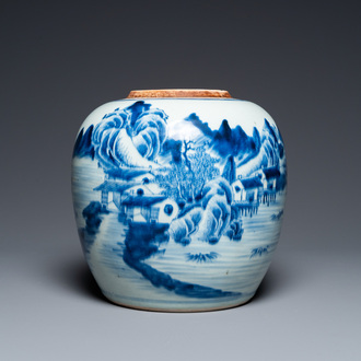 Een Chinese blauw-witte pot met een bergachtig landschap, Kangxi/Qianlong