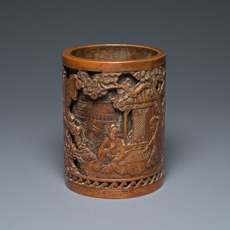 A Chinese double-walled bronze brush pot, Xuande mark, Qing