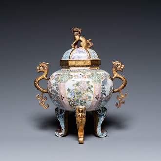 A large Chinese Canton enamel censer and cover, Qianlong mark, 19th C.