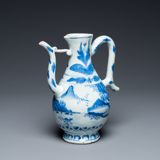 A Chinese blue and white ewer with a fisherman in a landscape, Transitional period