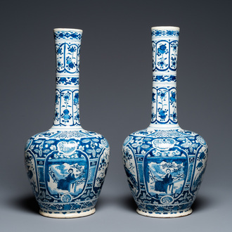 A pair of Dutch Delft blue and white chinoiserie bottle vases, 18th C.