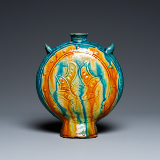 A Chinese fahua 'moonflask' with applied lotus design, Ming