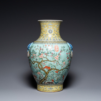 A large Chinese Dayazhai-style turquoise-ground vase, Yong Qing Chang Chun mark, 19/20th C.