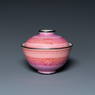 A Chinese silver-mounted puce-enamelled pink-ground bowl and cover, Qianlong mark and of the period