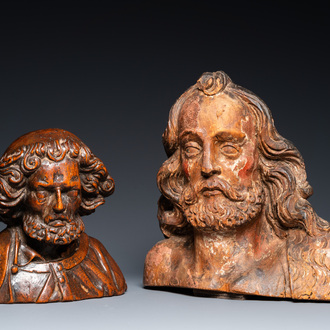 Deux bustes de saints en bois sculpté, Italie ou France, 17ème