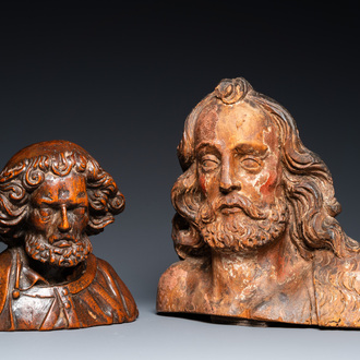 Two carved wooden busts of saints, Italy or France, 17th C.