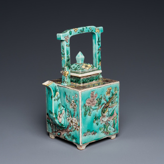 A square Chinese turquoise-ground verte biscuit teapot and cover, Kangxi