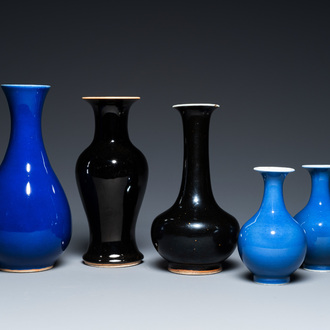 Five Chinese monochrome black- and blue-glazed vases, 19/20th C.