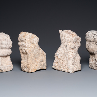 Four Chinese carved stone lions, possibly Tang