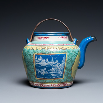 A Chinese enamelled Yixing stoneware teapot and cover, 19th C.