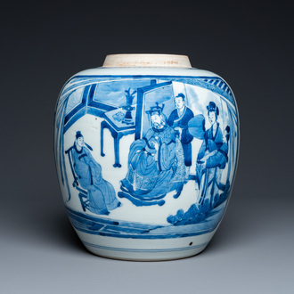 Een Chinese blauw-witte pot met verhalend decor, Kangxi