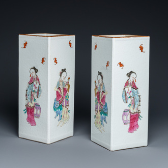 A pair of Chinese square famille rose 'Wu Shuang Pu' hat stands, Daoguang mark, 20th C.