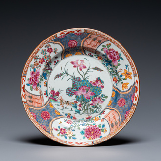 A Chinese famille rose plate with a deer near a lotus pond, Yongzheng