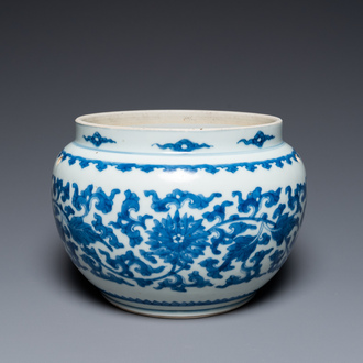 A Chinese blue and white 'lotus scroll' bowl, Kangxi