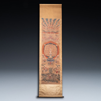 Chinese school: 'The 33-headed Avalokitesvara', ink and colour on silk, 19/20th C.