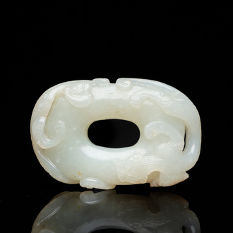 A Chinese 'twin chilong’ white jade circular pendant, Qing