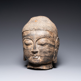 Tête de Bouddha en pierre sculptée, Chine, 19/20ème