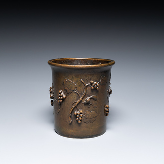 A Chinese bronze 'squirrel on grapevine' brush pot, Qianlong mark, 18/19th C.