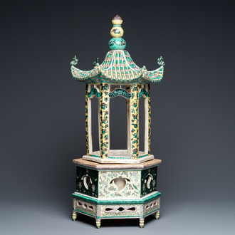 A rare Chinese verte biscuit pagoda on stand, 19th C.