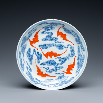 A Chinese blue, white and iron-red 'bats and clouds' plate, Guangxu mark and of the period