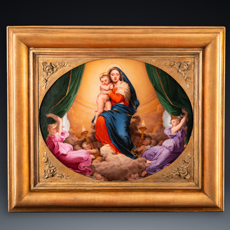 Aimée Perlet (active 1798-1854): 'Vierge à l'Enfant' d'après Dominique Ingres 'Le Vœu de Louis XIII', plaque en porcelaine de Paris, datée 1848