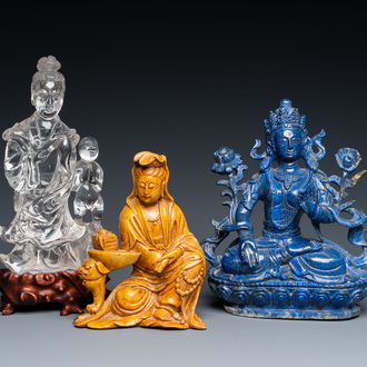 A Chinese lapis lazuli sculpture of Buddha and two of Guanyin in rock crystal and soapstone, 19/20th C.