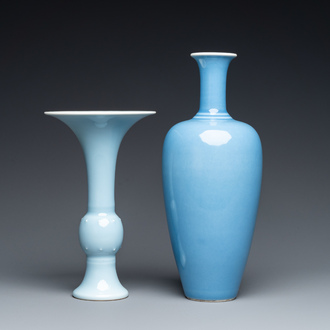 Two Chinese monochrome blue-glazed vases, Kangxi and Guangxu marks, 19/20th C.