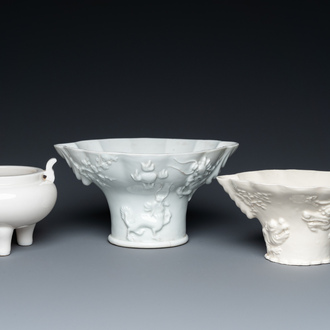 A Chinese blanc de Chine censer and two libation cups, 19/20th C.