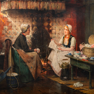 Edward Portielje (1861-1949) : Couturières dans une cuisine, huile sur toile