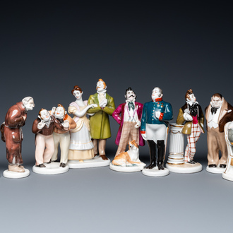 Nine Russian porcelain figures from Gogol's 'Dead souls' and 'The Government Inspector', Lomonosov, 20th C.