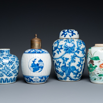 Three Chinese blue and white vases and one in famille verte, Kangxi and later