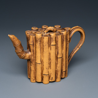 A Chinese Yixing stoneware 'bamboo' teapot and cover, Yang Fengnian 楊鳳年 mark, 20th C.