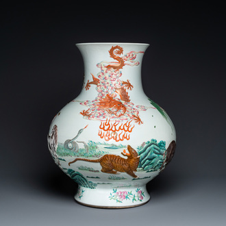 An impressive large relief-molded Chinese famille rose 'Twelve zodiac animals' vase, Qianlong mark, 19th C.