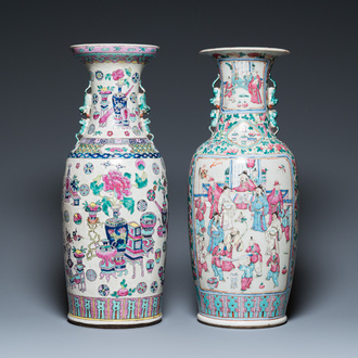 Two Chinese famille rose vases with antiquities and court scenes, 19th C.