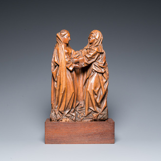 Fragment de retable en chêne sculpté figurant 'La Visitation de la Vierge Marie', 16ème