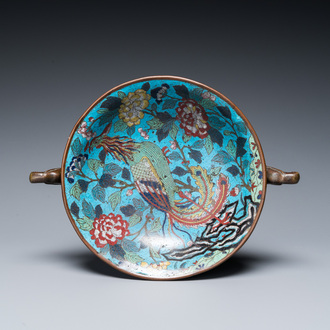 A Chinese cloisonné tripod 'phoenix' bowl with elephant head handles, Qianlong/Jiaqing