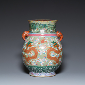 Een grote Chinese famille rose 'hu' vaas met draken op celadon fondkleur, 19e eeuw