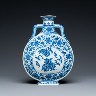 A Chinese blue and white Ming-style 'peaches' moonflask or 'bianhu', Jiaqing mark and of the period