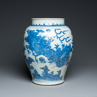 A Chinese blue and white 'qilin and phoenix' vase, Transitional period