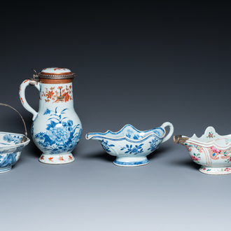 A Chinese blue and white covered ewer, a bowl and two sauceboats, Kangxi/Qianlong