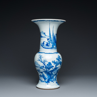 A Chinese blue and white 'yenyen' vase with fishermen in a landscape, 19th C.