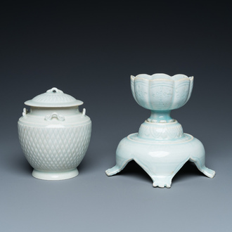 A Chinese carved qingbai vase with cover and a cup with stand, Song or later