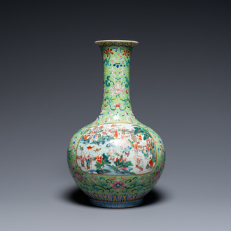 A Chinese famille rose lime green-ground '100 boys' vase, Jiaqing mark and of the period