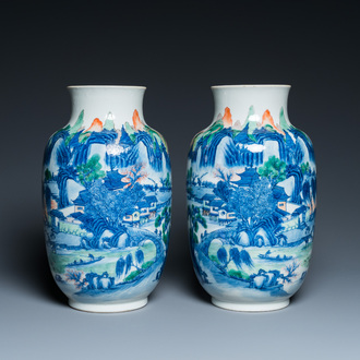 A pair of Chinese famille verte vases with fine landscapes, Yongzheng mark, 19/20th C.