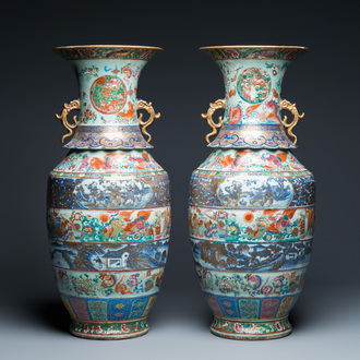 A pair of exceptional Chinese famille rose celadon-ground vases, 19th C.