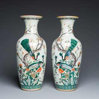 A pair of Chinese famille verte crackle-glazed vases, 19th C.