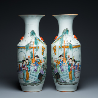 A pair of Chinese famille rose 'whistling ladies' vases, signed Zeng Dingtai 曾鼎太, 19/20th C.