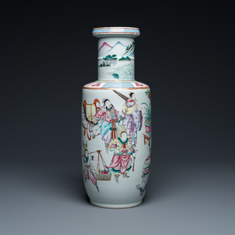 A fine Chinese famille rose rouleau vase with narrative scene, 19th C.
