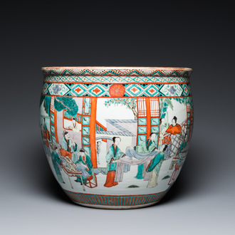 A Chinese famille verte 'silk production' fish bowl, 19th C.