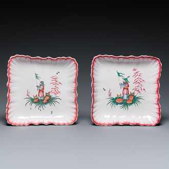 A pair of square French faience dishes with Chinese flag-bearers, Lunéville or Strasbourg, 18th C.